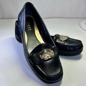 Lauren Ralph Lauren Black Leather Loafers Gold Plaque Moc Toe Flats Shoes Size 7